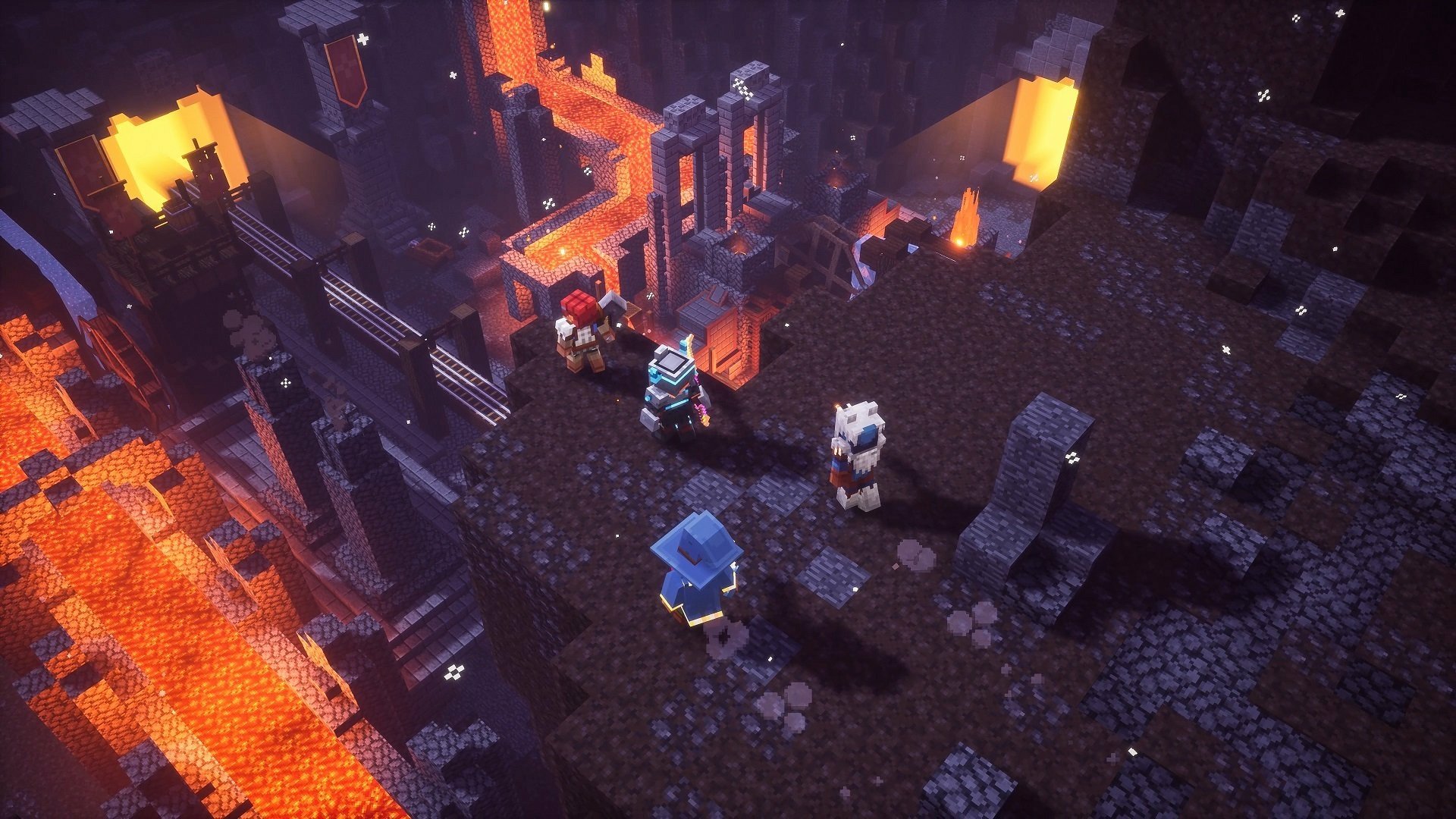 HD desktop wallpaper depicting a scene from Minecraft: Dungeons with characters in a dimly lit, lava-filled environment.