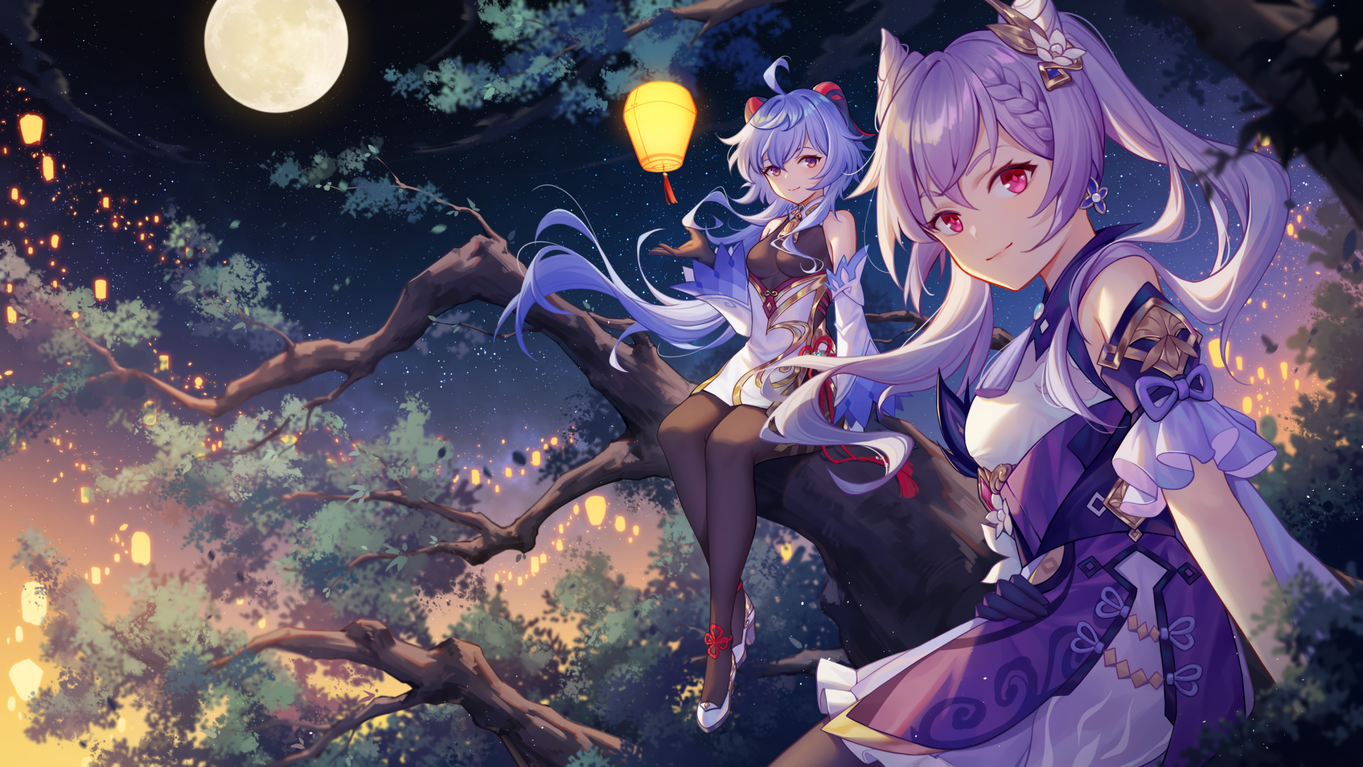 HD wallpaper and background featuring Genshin Impact characters, Keqing and Ganyu, in a serene night setting with a full moon and lanterns illuminating the scene.