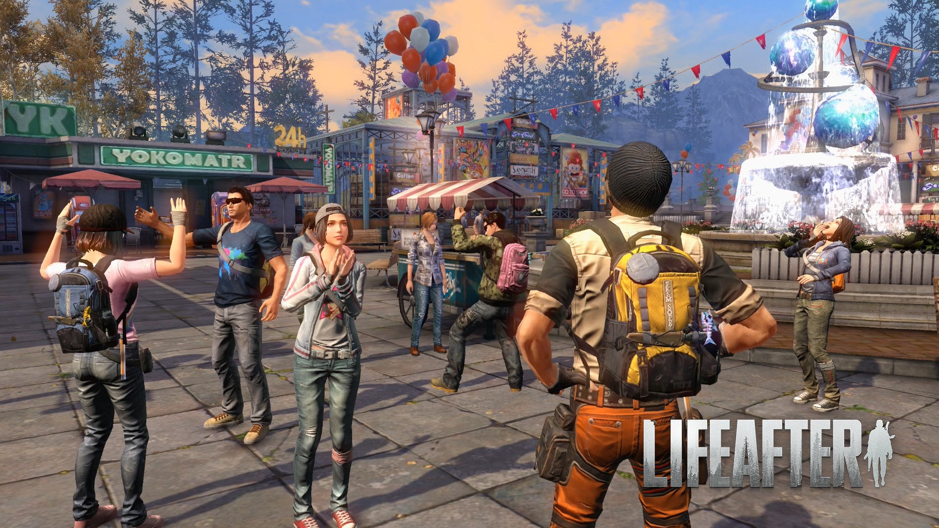 HD desktop wallpaper from LifeAfter game depicting characters in a lively post-apocalyptic settlement with festive decorations and a snowy mountain in the background.