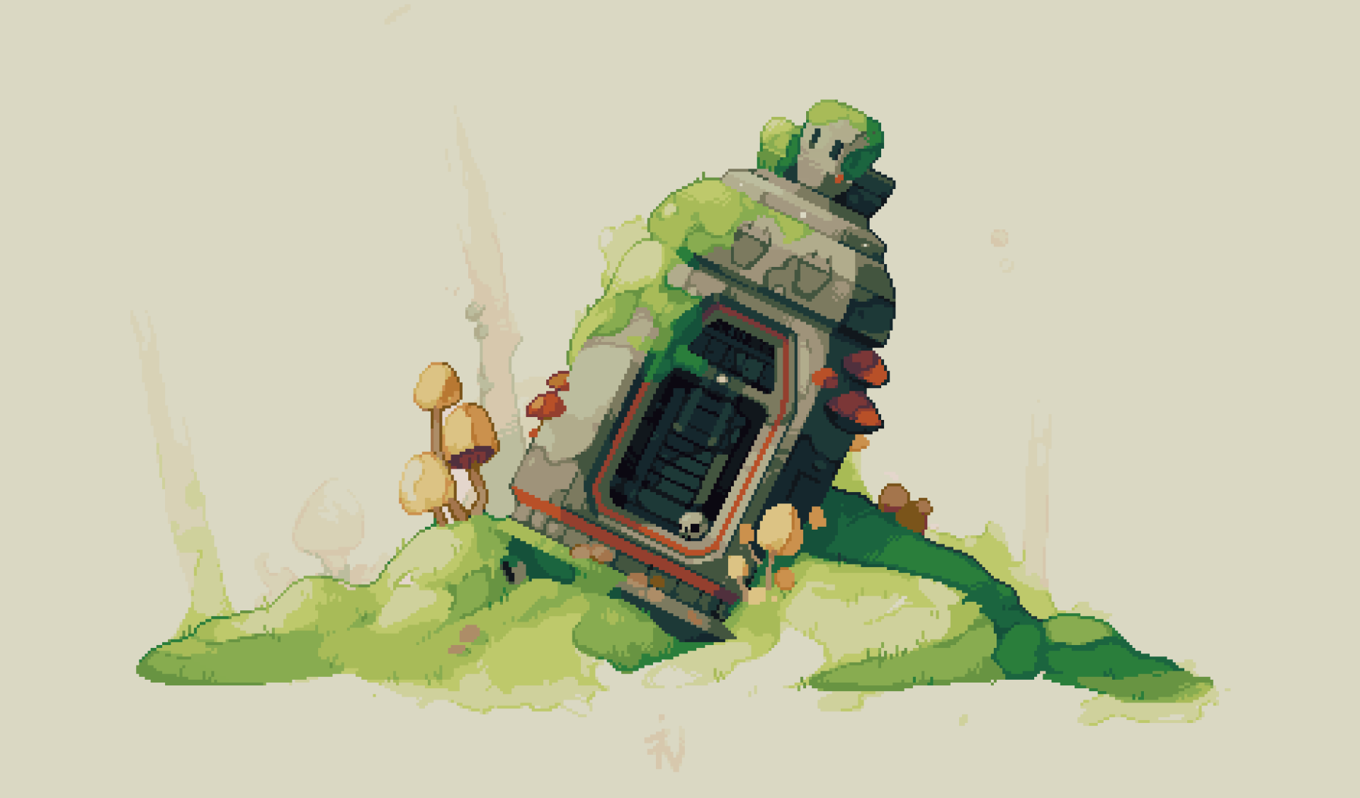 Artistic pixel art depicting an ancient stone structure covered in moss and surrounded by mushrooms, designed as a HD PC desktop wallpaper background.