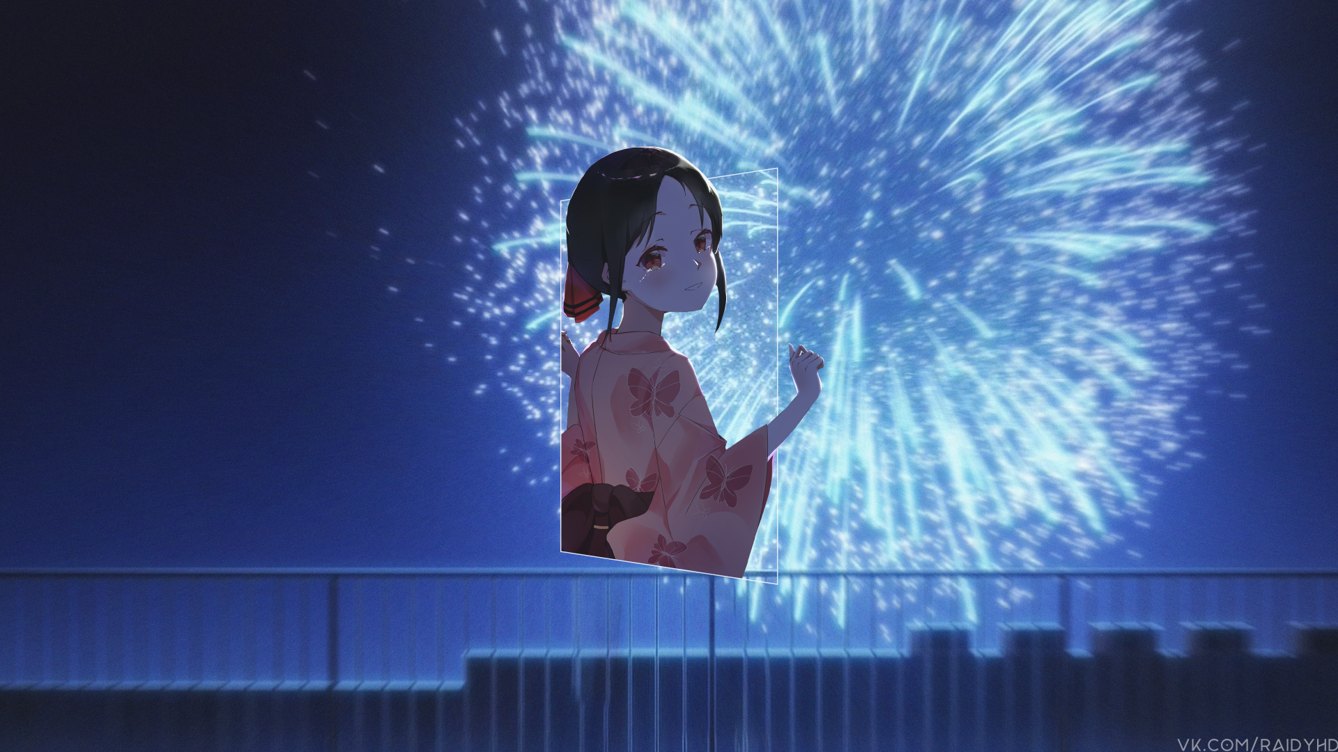 Kaguya Shinomiya from Kaguya-sama: Love is War stands against a blue night sky illuminated by vibrant fireworks in this 4K Ultra HD anime desktop wallpaper.