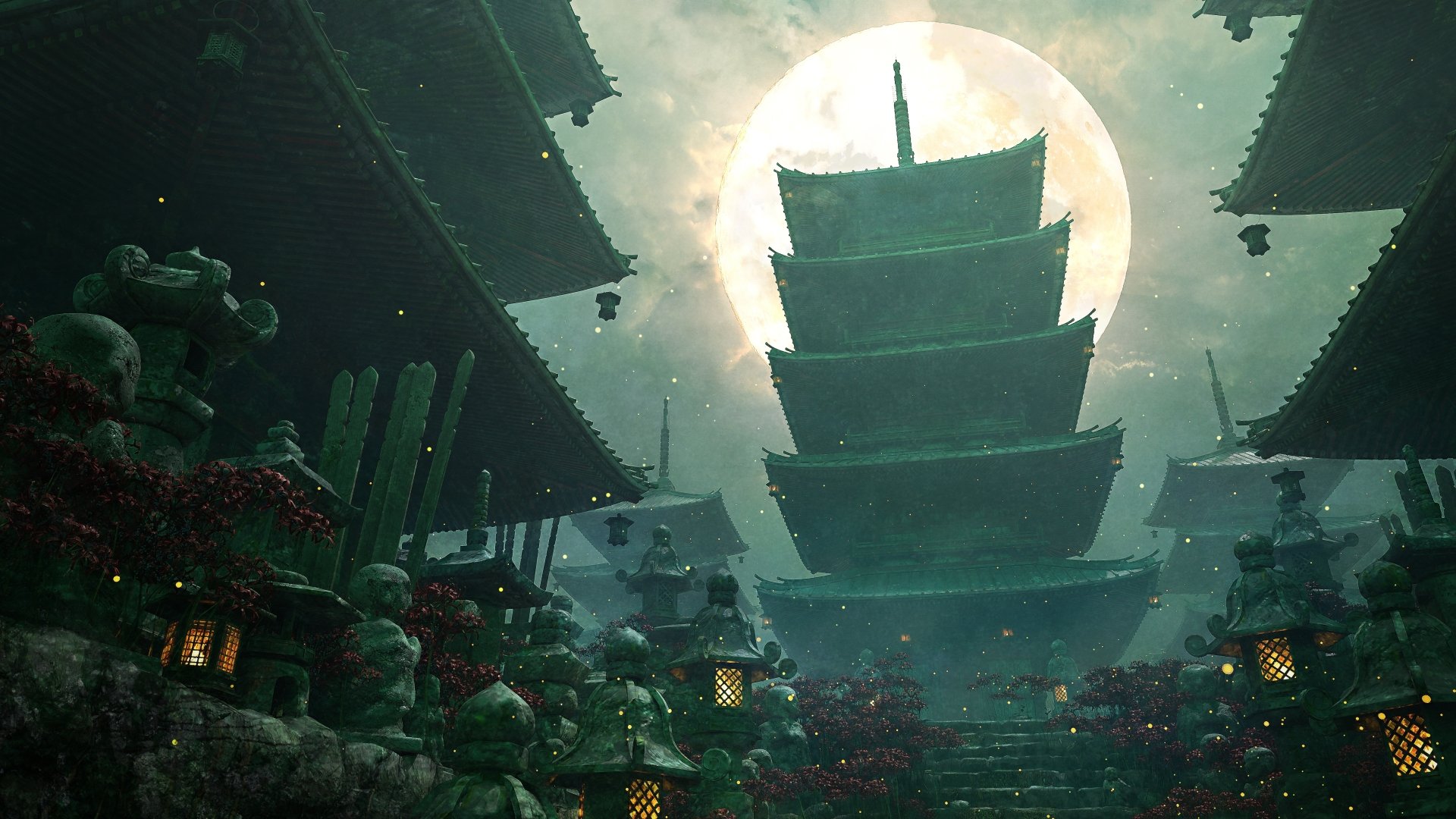 A stunning 4K Ultra HD fantasy oriental scene featuring a towering pagoda silhouetted against a glowing full moon, surrounded by traditional architecture and lanterns.