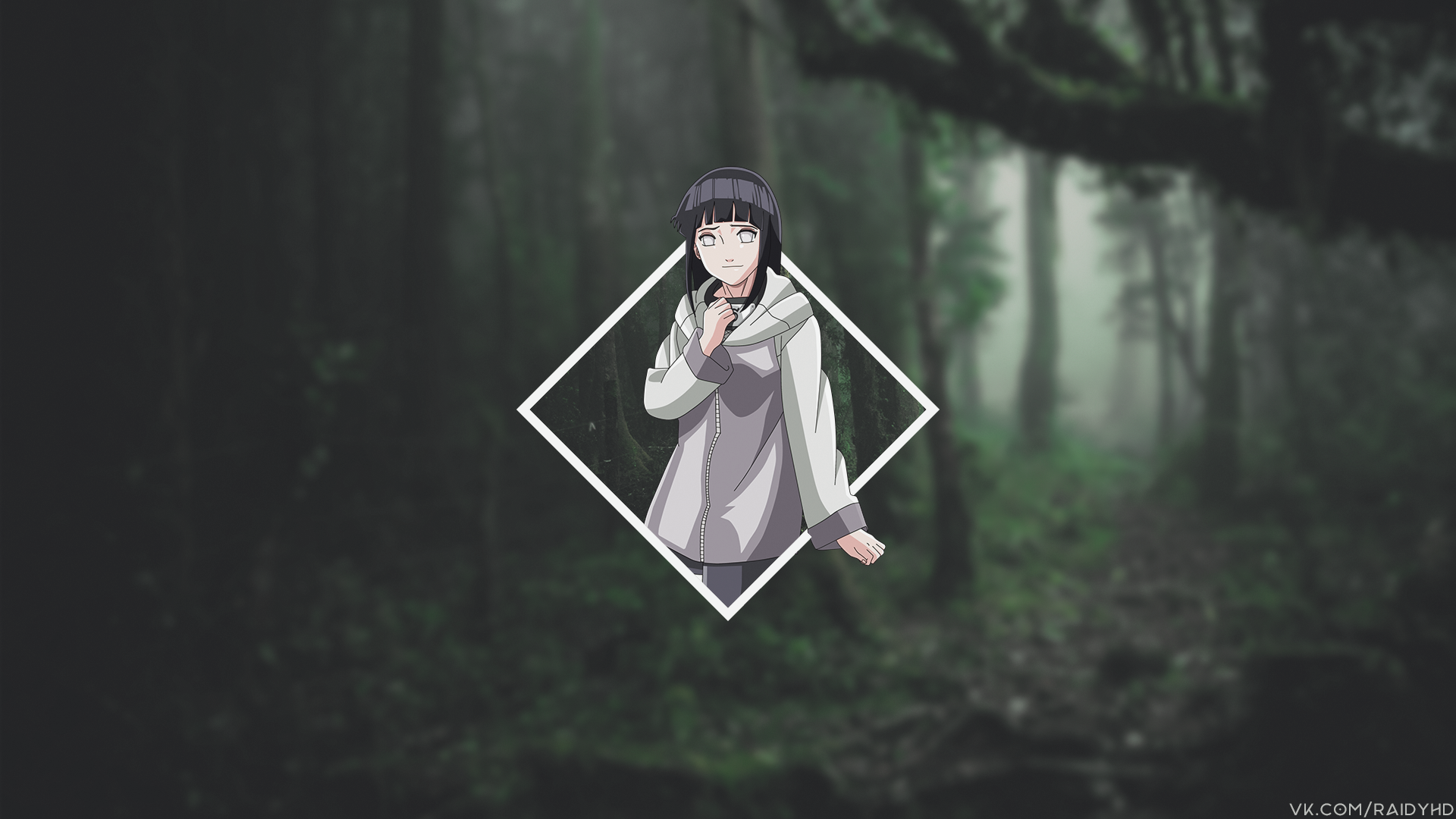 HD PC desktop wallpaper featuring Hinata Hyuga from Naruto in a picture-in-picture style against a dark, misty forest background in anime art.