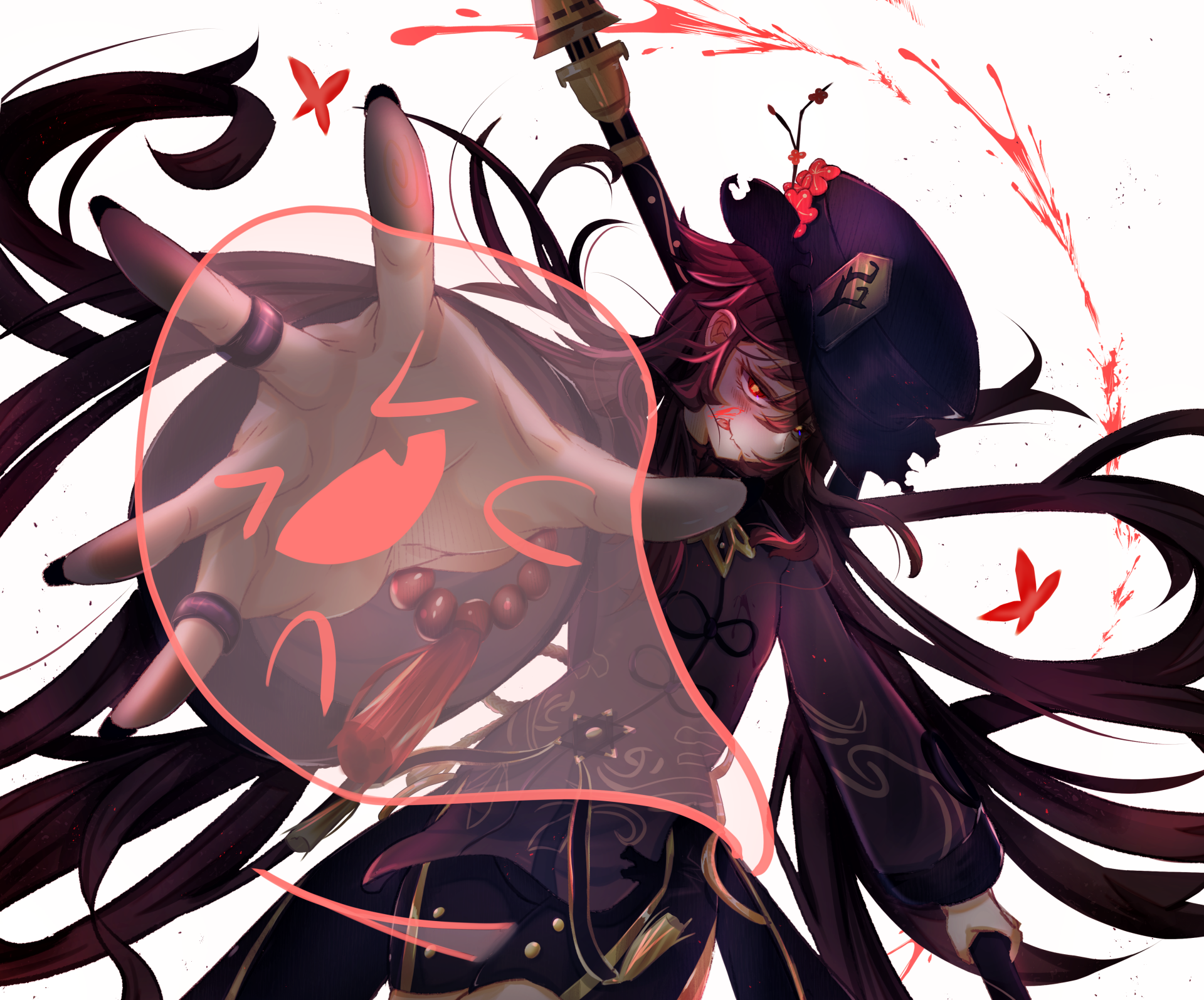 HD wallpaper featuring Hu Tao from the video game Genshin Impact, showcasing her in a dynamic pose with dark flowing hair and vivid red elements.