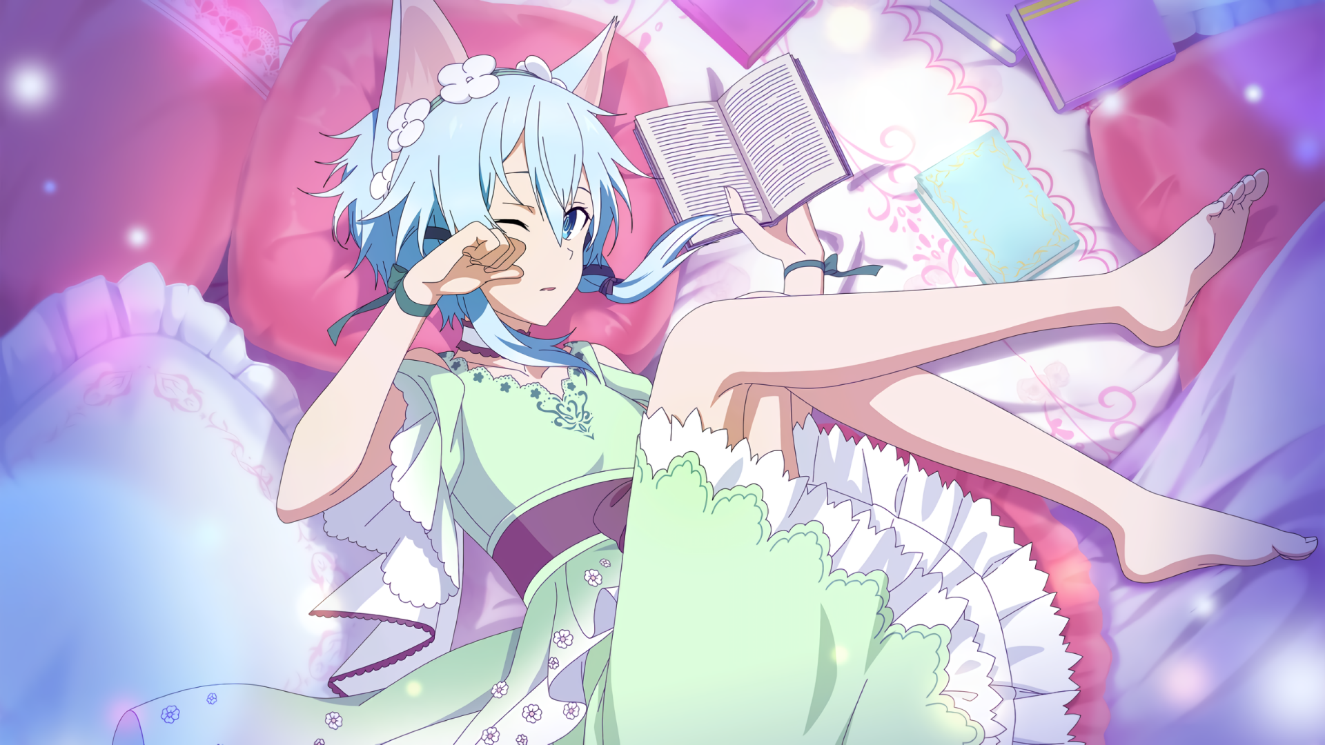 HD desktop wallpaper featuring Shino Asada from Sword Art Online: Alicization Rising Steel with short blue hair, animal ears, and delicate legs resting on a pink bed.