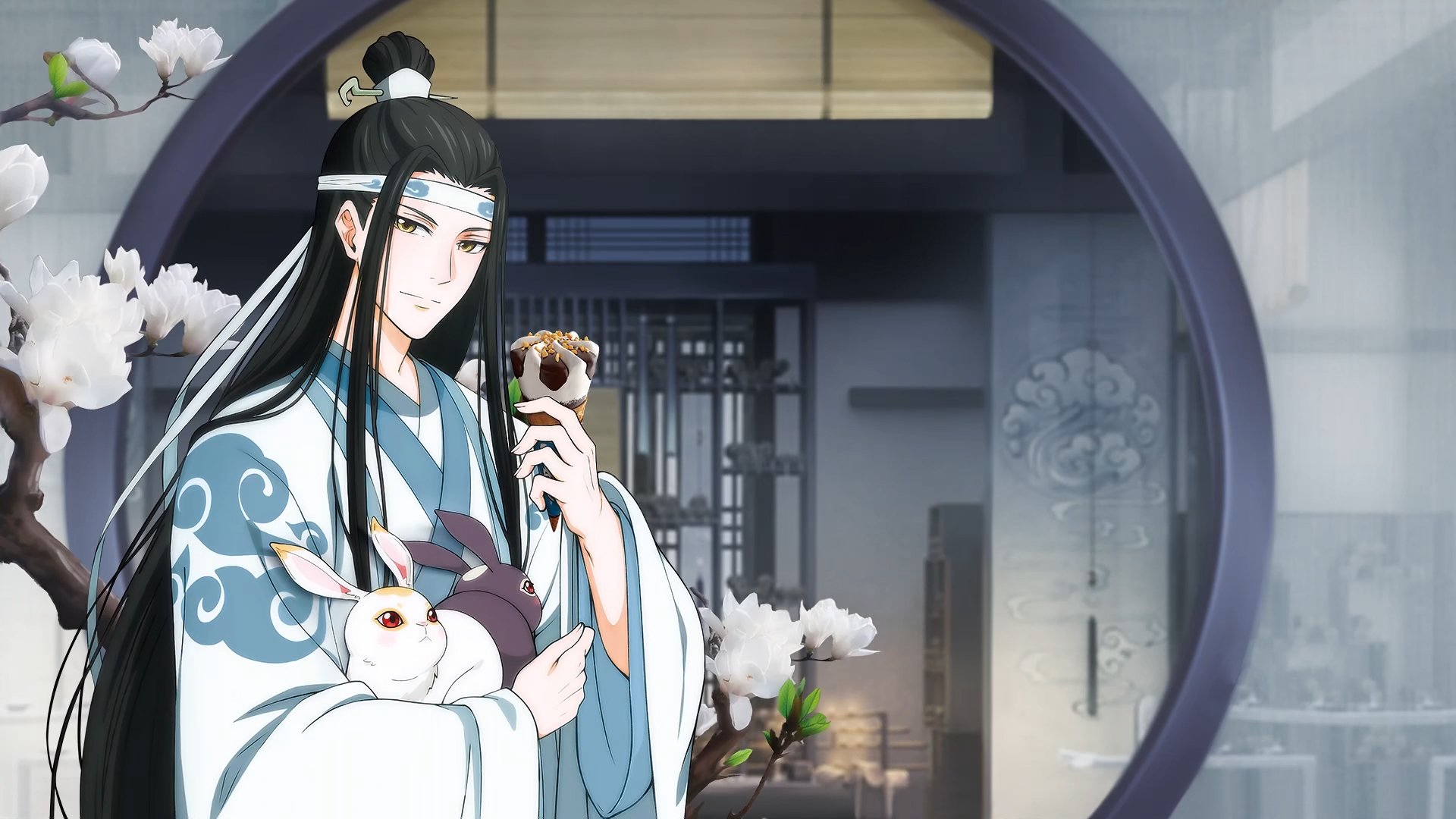 Lan Wangji (Mo Dao Zu Shi) in flowing robes, cradling a white rabbit and a small treat in a serene moonlit courtyard — anime HD PC desktop wallpaper/background