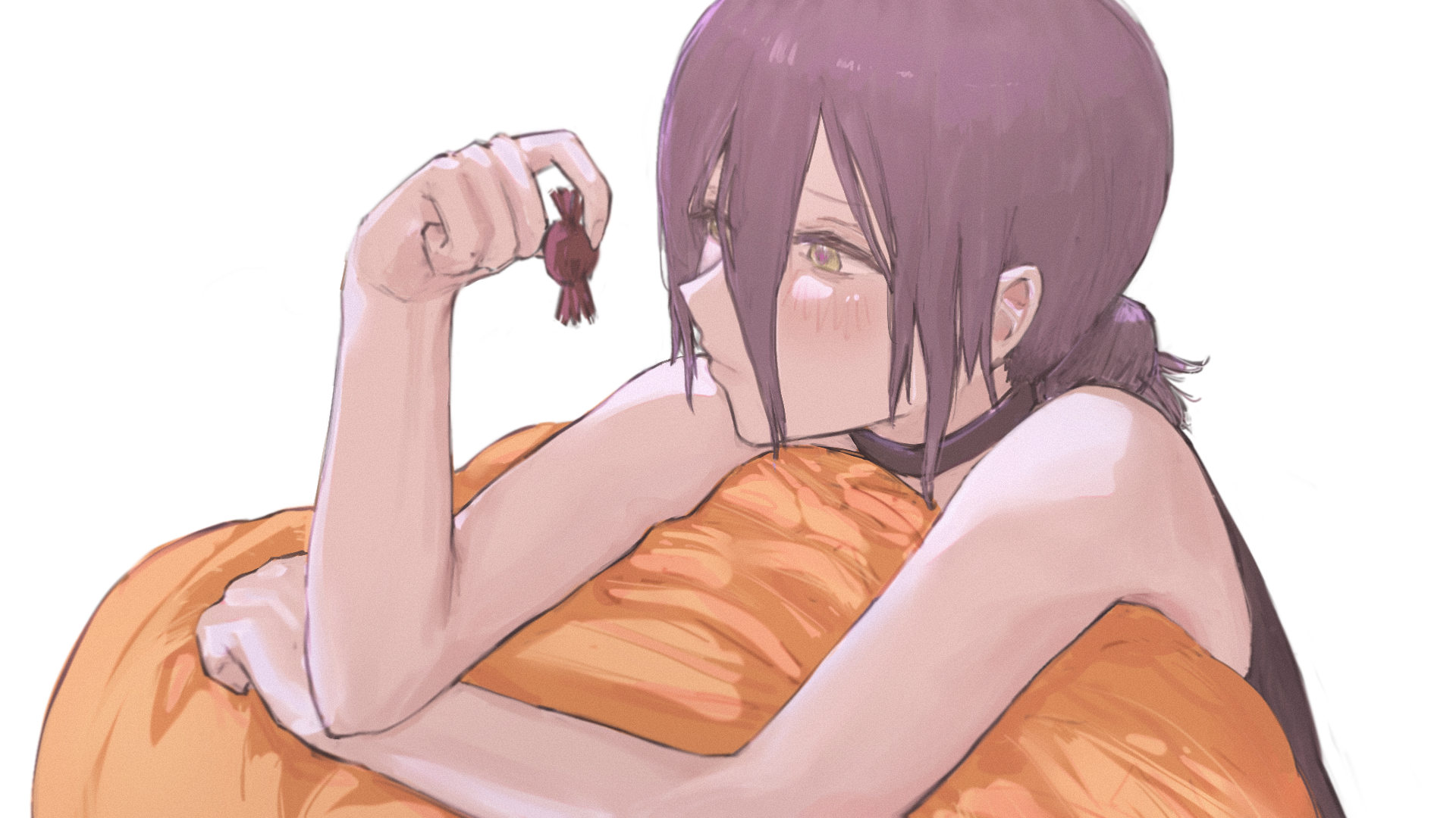 HD anime desktop wallpaper featuring Reze from Chainsaw Man, showcasing her in a relaxed pose with soft colors and detailed shading.