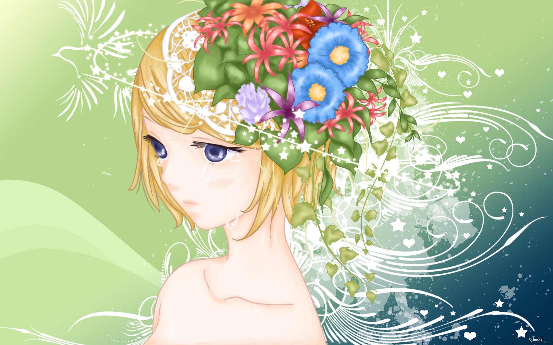 Аниме блондинка с цветами