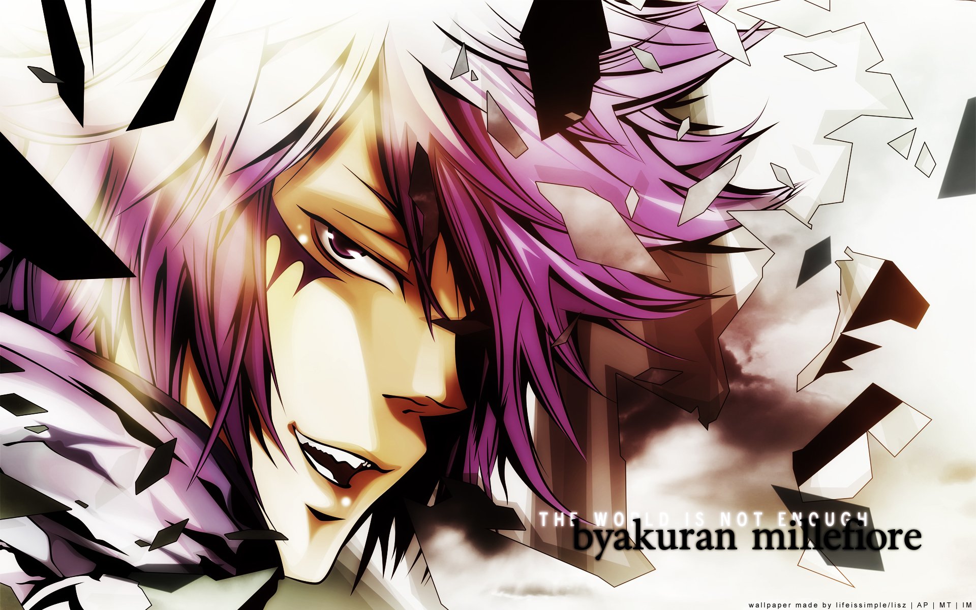HD PC desktop wallpaper of an anime scene from Hayate the Combat Butler: close-up of a fierce, spiky purple-haired character amid shattered geometric fragments and dramatic lighting.