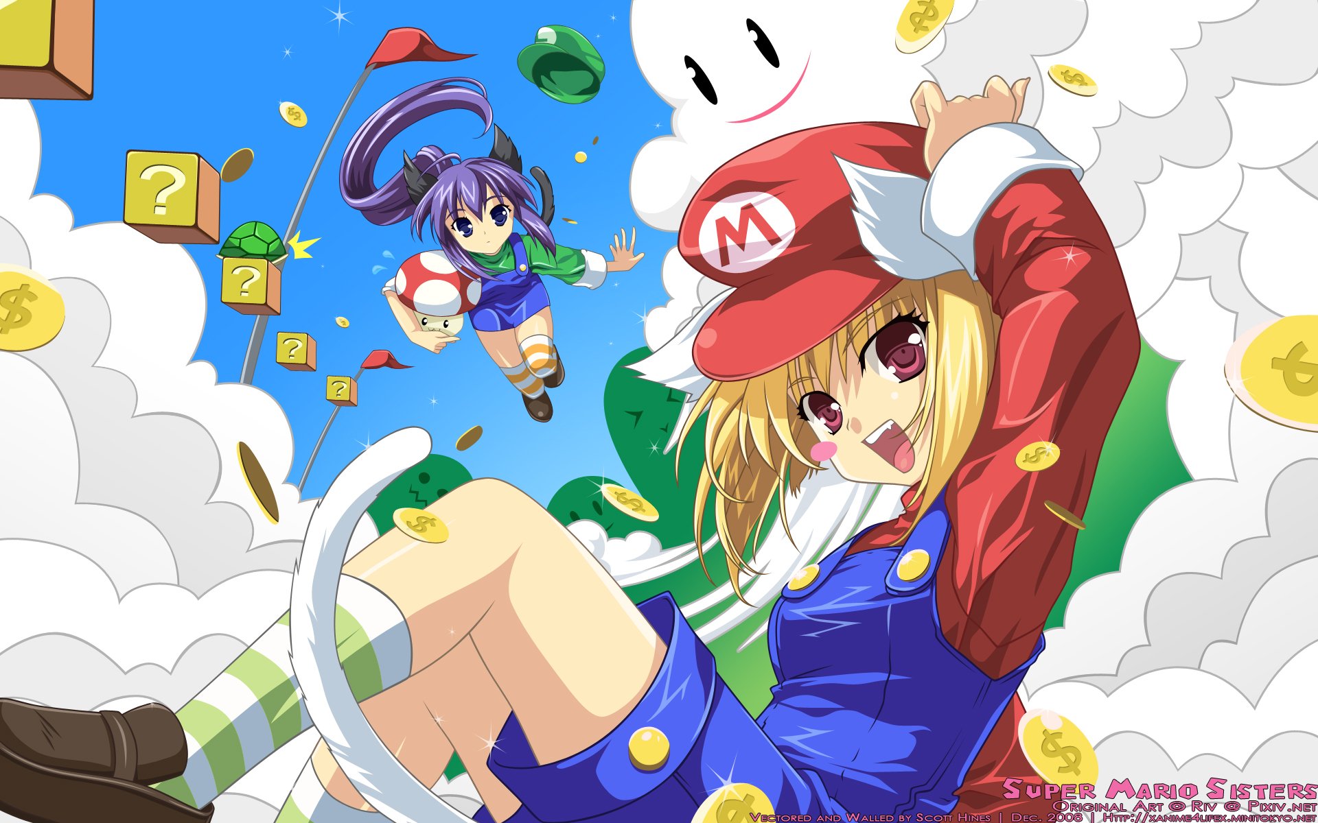 HD PC desktop wallpaper featuring anime-style characters in a colorful Mario-themed video game world with coins, question blocks, and a cloud character.