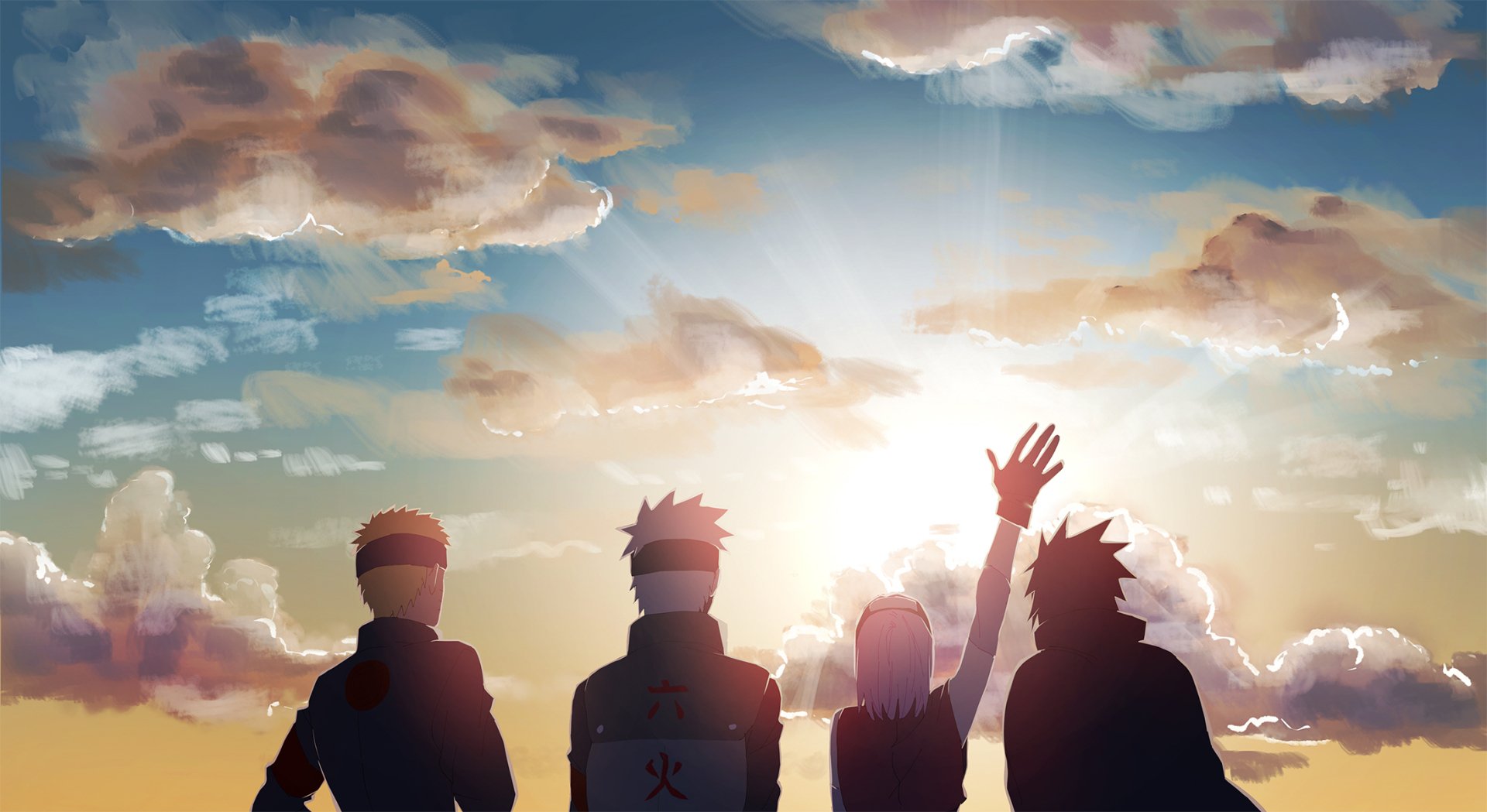 HD PC desktop wallpaper of Naruto Uzumaki, Sasuke Uchiha, Sakura Haruno and Kakashi Hatake silhouetted against a golden sunset, the four friends raising hands toward the glowing sky.