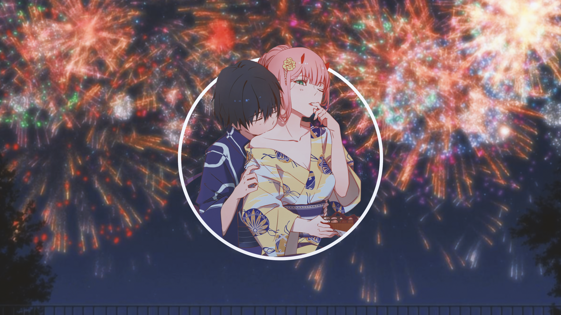 4K Ultra HD anime wallpaper featuring Hiro and Zero Two from Darling in the FranXX with a picture-in-picture effect against a vibrant fireworks background.