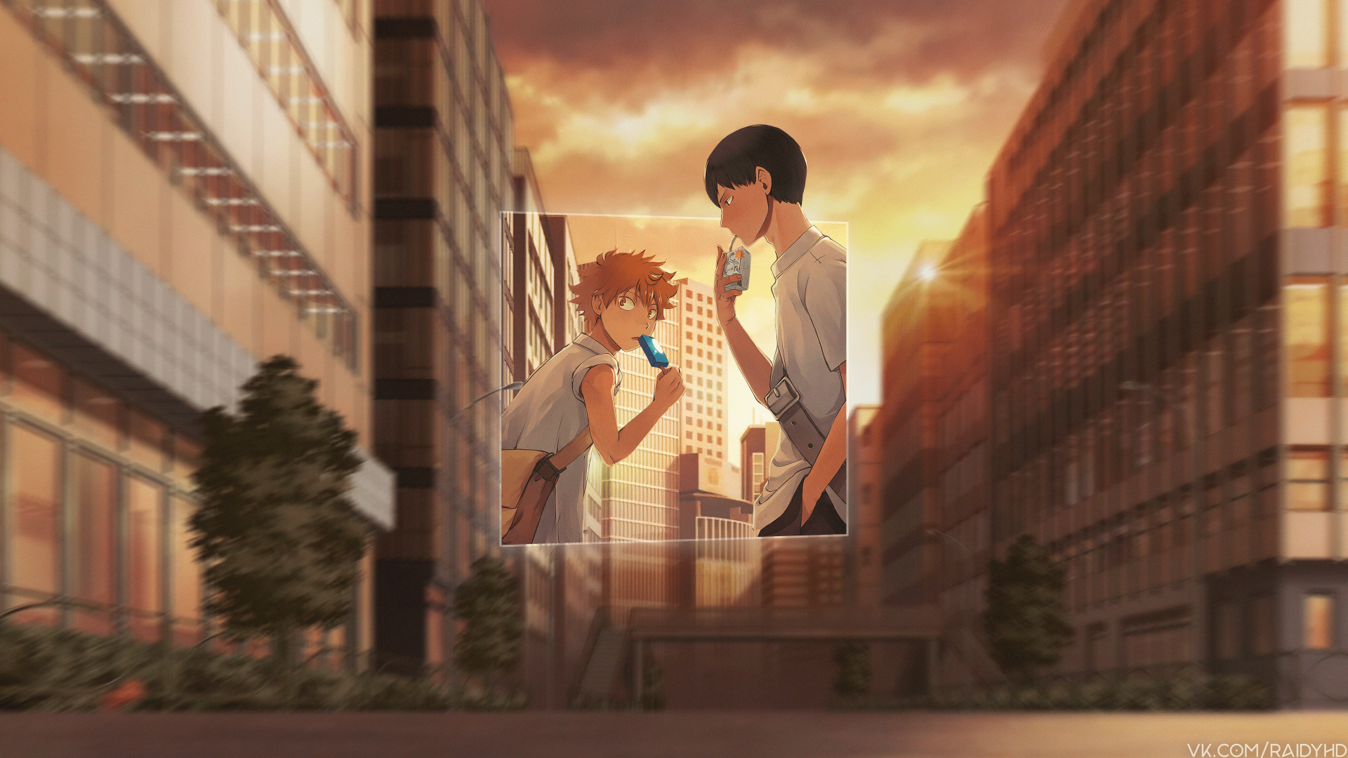 4K Ultra HD anime wallpaper featuring Shōyō Hinata and Tobio Kageyama from Haikyū!! in a picture-in-picture style against a cityscape at sunset.