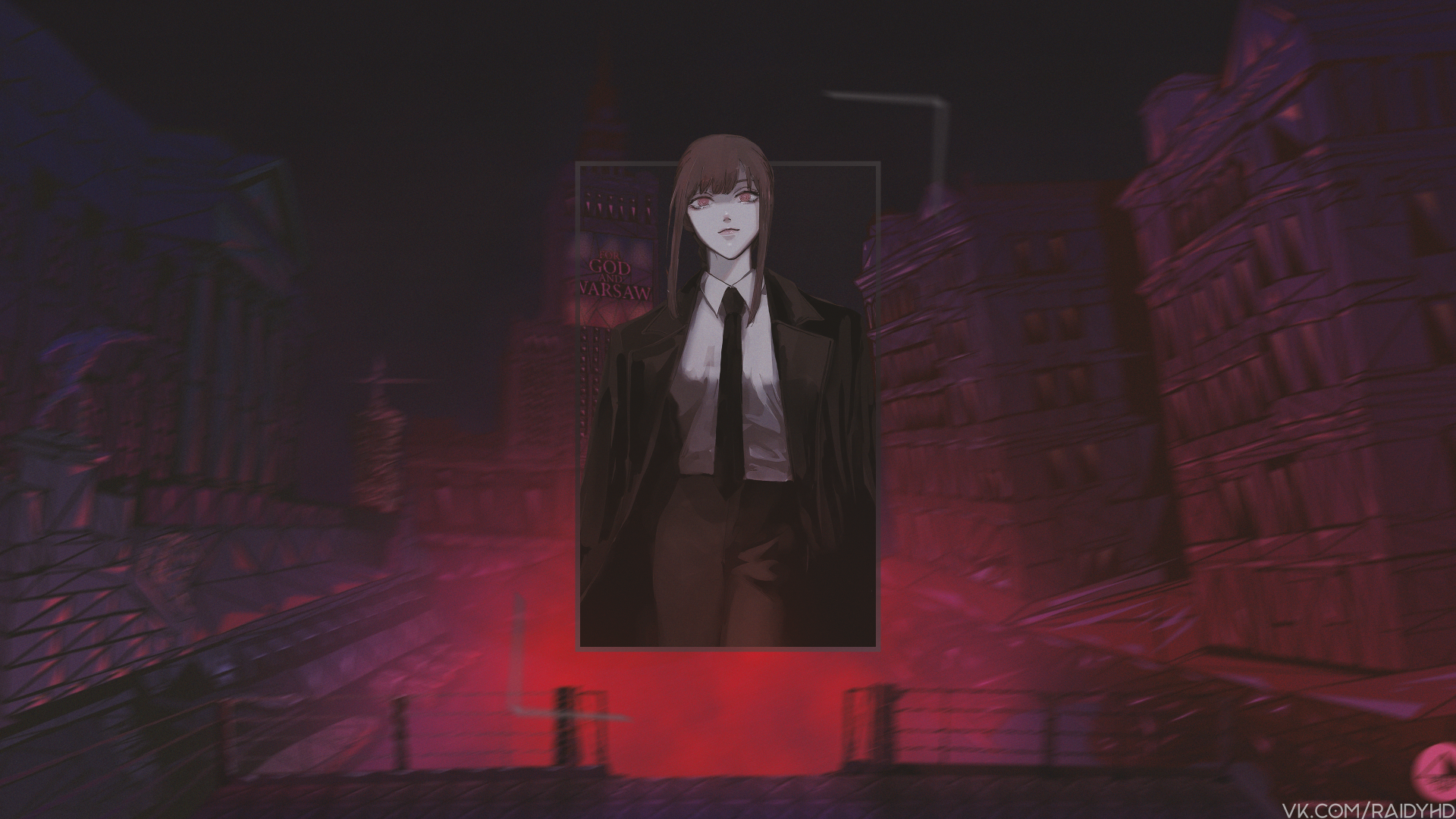 4K Ultra HD anime desktop wallpaper featuring Makima from Chainsaw Man in a picture-in-picture style with dark, atmospheric cityscape background.