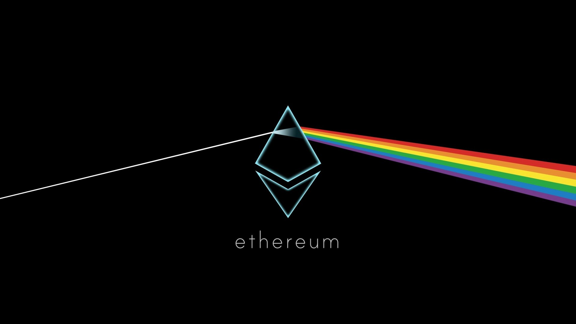HD desktop wallpaper of the Ethereum logo with a prism effect creating a rainbow, on a black background.