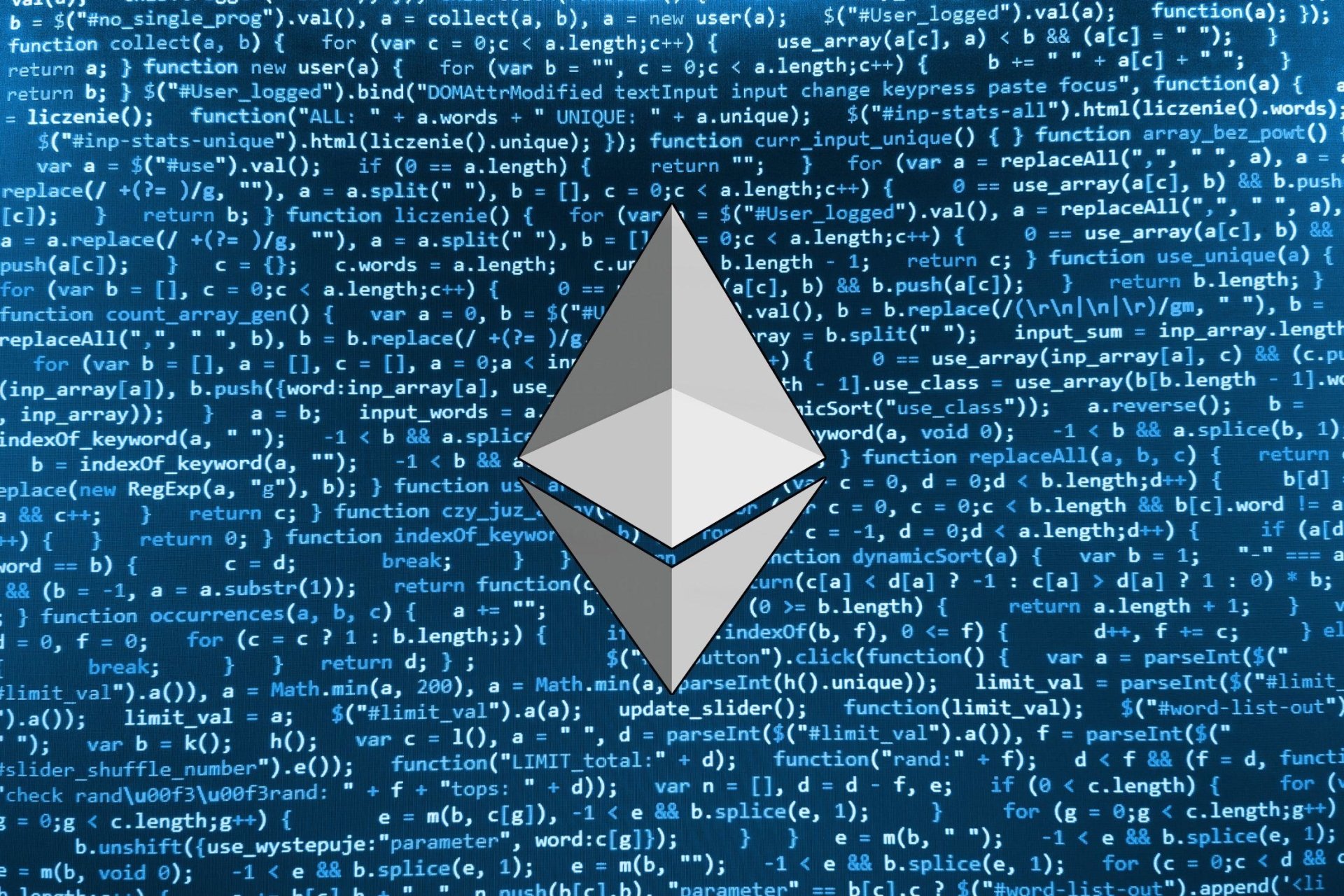 HD desktop wallpaper featuring Ethereum logo superimposed on a background of cryptocurrency code.