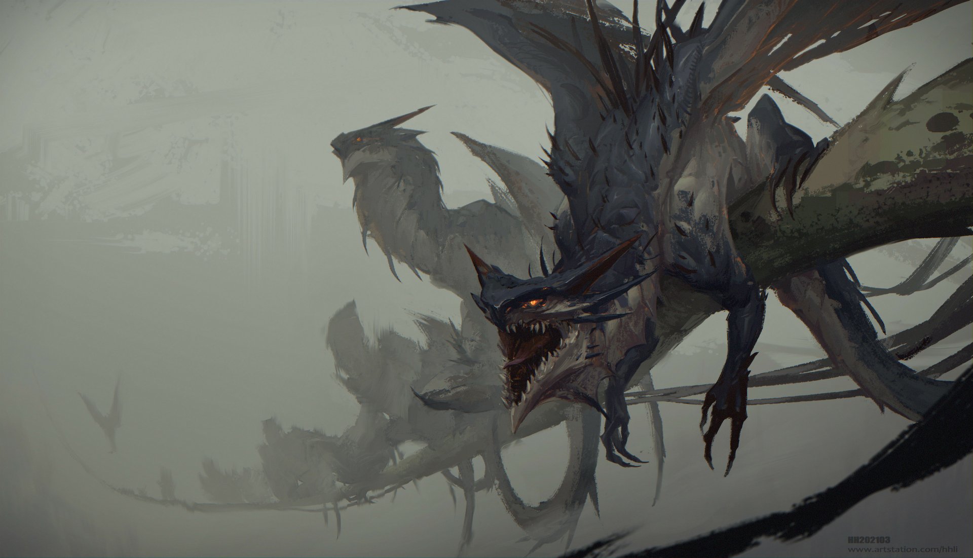 A fierce fantasy dragon with glowing eyes emerges from misty shadows in this 4K Ultra HD PC desktop wallpaper.