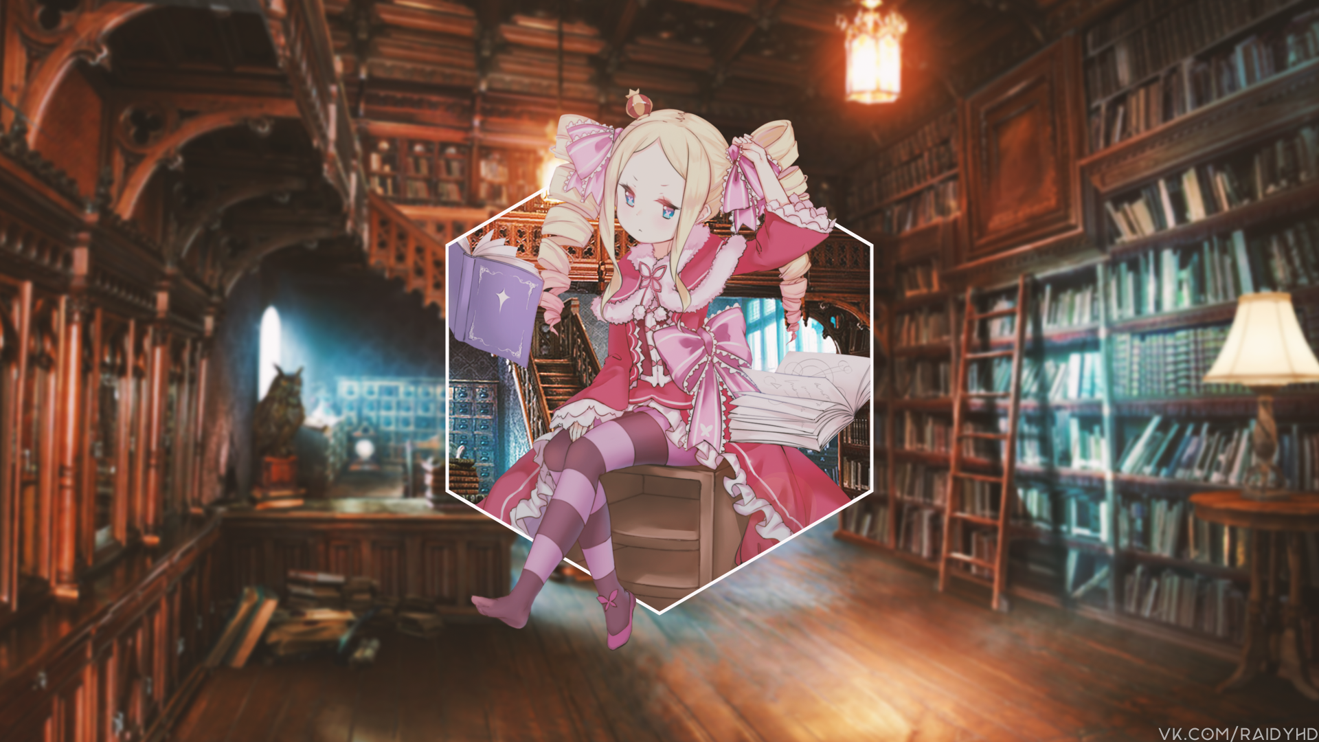 4K Ultra HD anime wallpaper featuring Beatrice from Re:Zero - Starting Life in Another World, depicted in picture-in-picture style within a cozy, dimly lit library background.