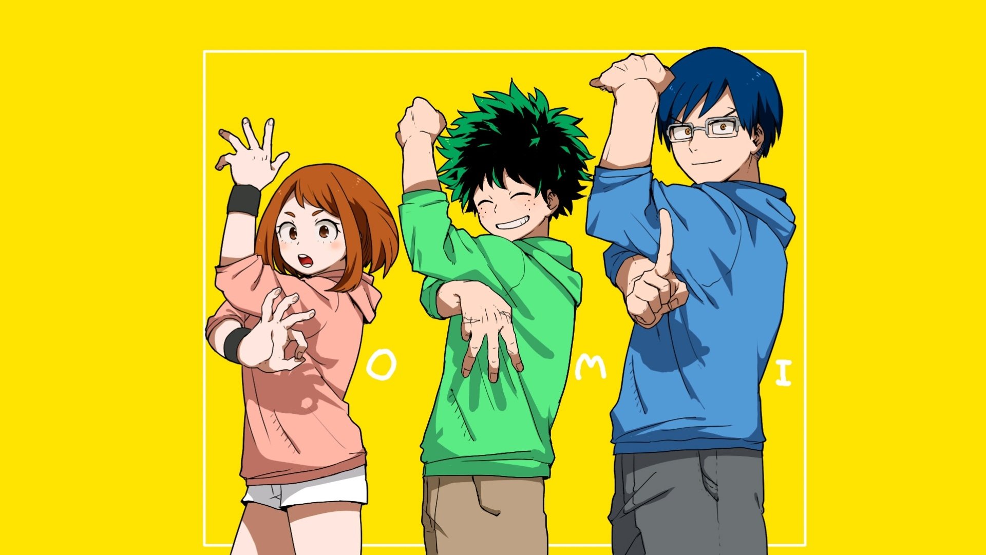 HD PC desktop wallpaper of My Hero Academia: Izuku Midoriya, Ochaco Uraraka and Tenya Iida striking cheerful poses against a bright yellow background.