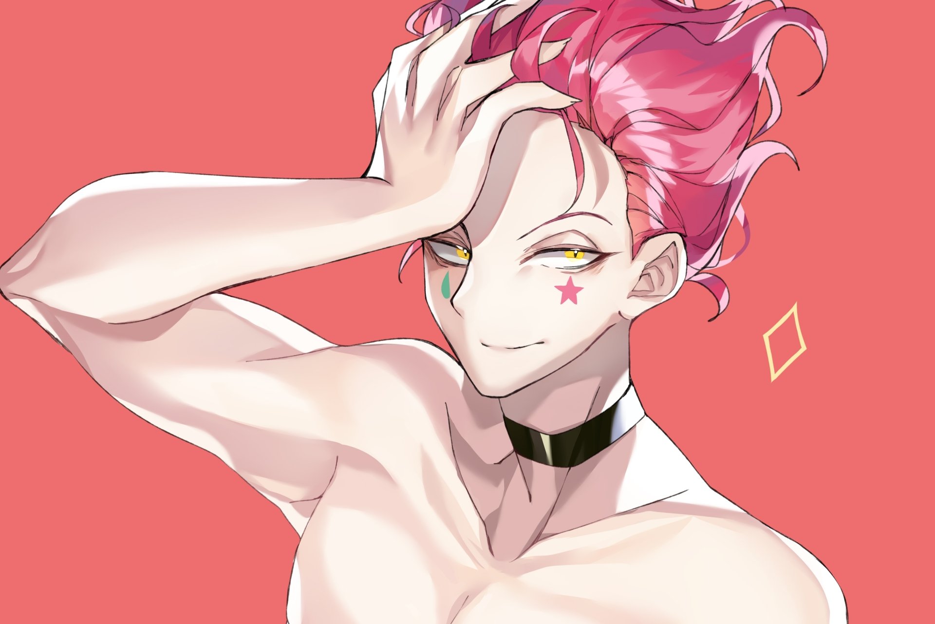 Vibrant 4K PC desktop wallpaper of Hisoka from Hunter × Hunter: close-up anime portrait with pink hair, star cheek mark, yellow eyes, playful smirk on coral background.