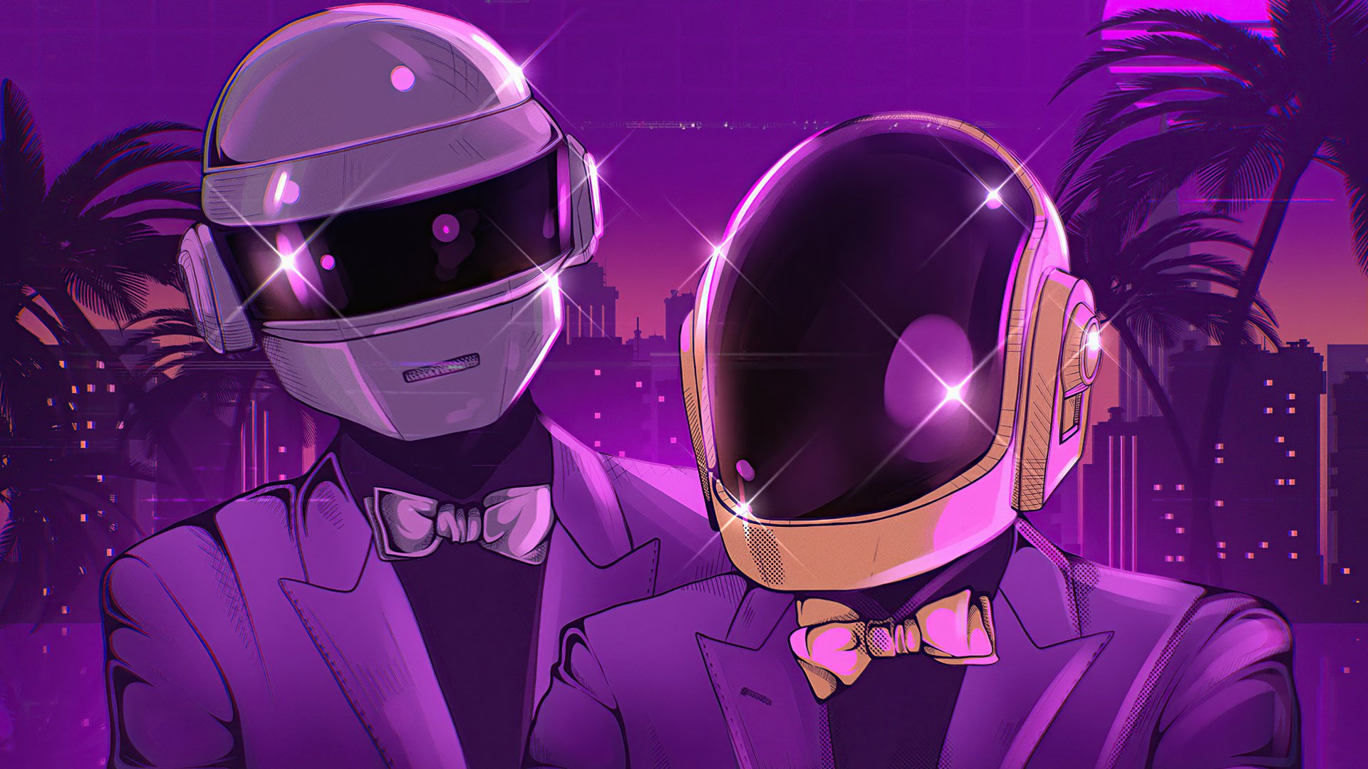 5K Ultra HD PC wallpaper of two helmeted, music-themed figures in purple neon — Daft Punk–inspired robot DJs in tuxedos against a palm-lined city skyline.