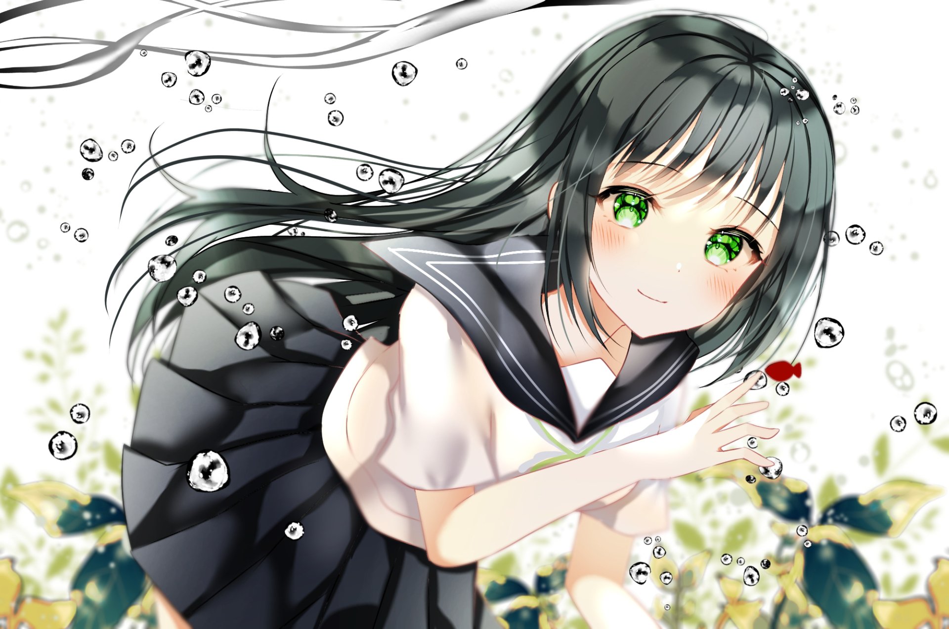 Anime girl with long black hair and striking green eyes in a school uniform, submerged underwater surrounded by bubbles, captured in a high-definition desktop wallpaper.