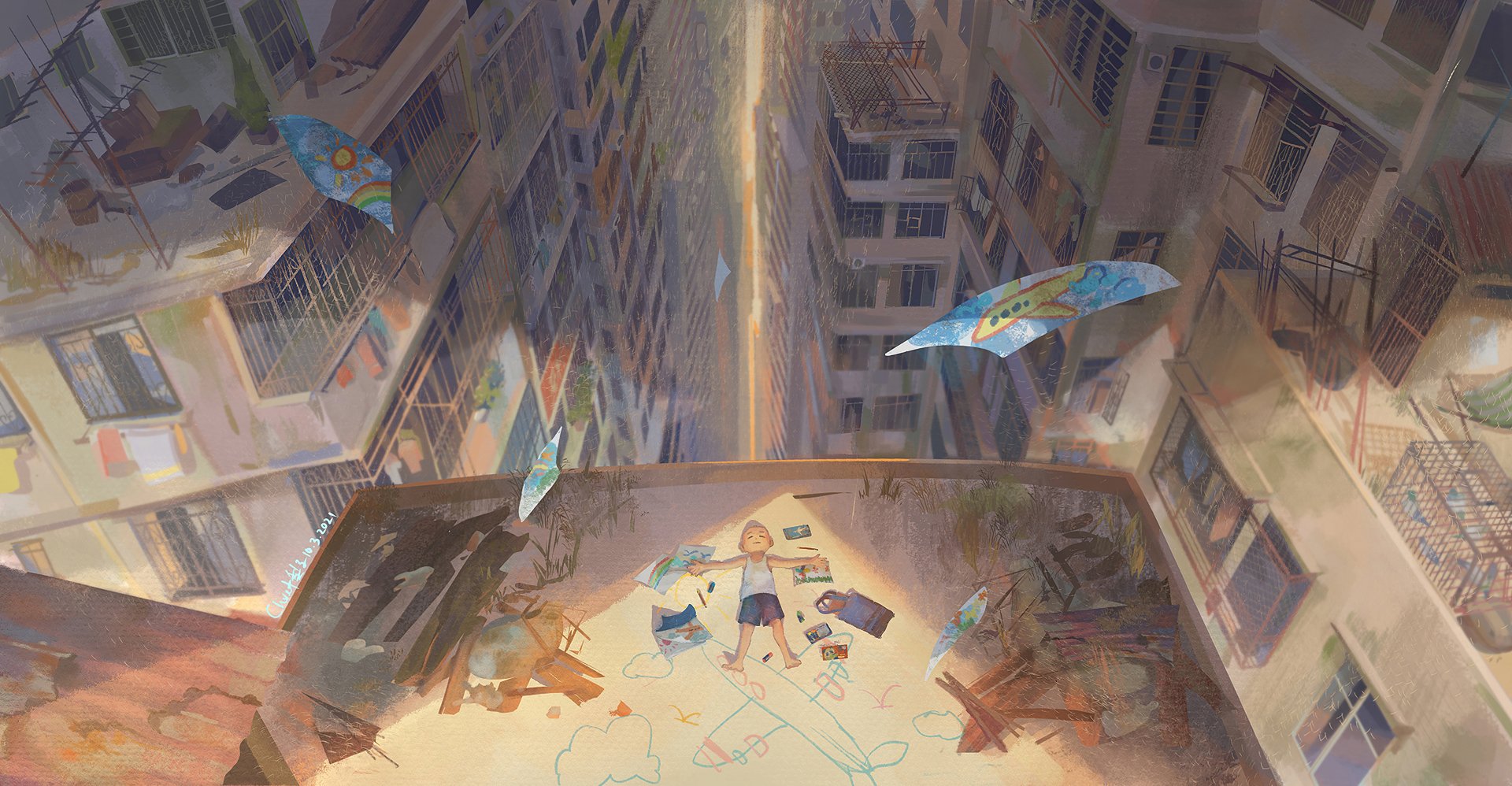 Fantasy-themed HD PC desktop wallpaper showing a child playing with colorful kites on a rooftop surrounded by tall buildings in a vibrant urban setting.