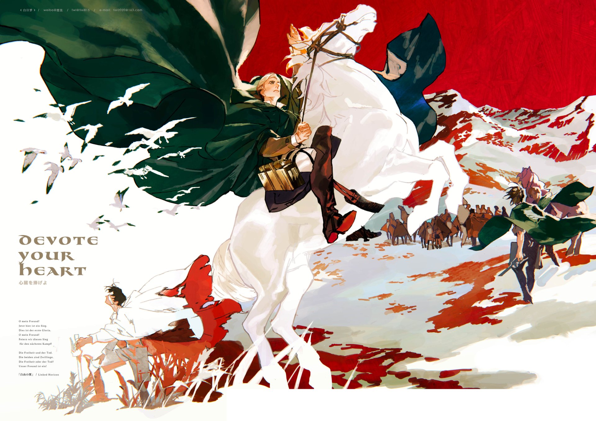 Attack on Titan 4K Ultra HD desktop wallpaper: Erwin Smith on a white horse leading Levi Ackerman and Hange Zoë across a snowy, blood-red battlefield.