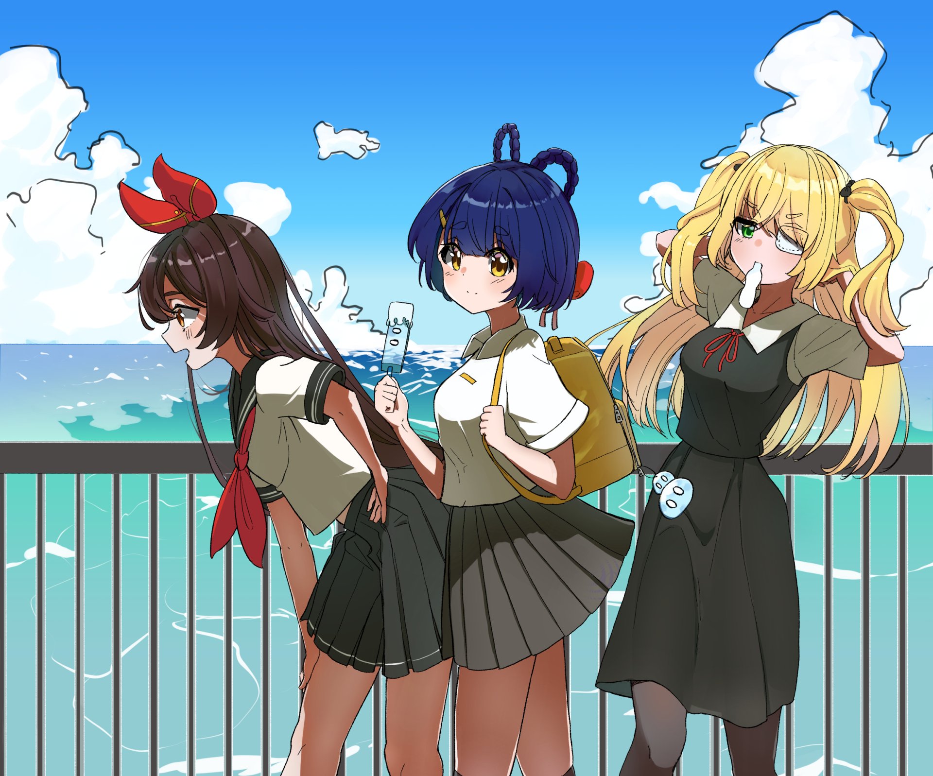 Download Blue Hair Yellow Eyes Brown Eyes Brown Hair Green Eyes Blonde Xiangling (Genshin Impact) Fischl (Genshin Impact) Amber (Genshin Impact) Video Game Genshin Impact HD Wallpaper