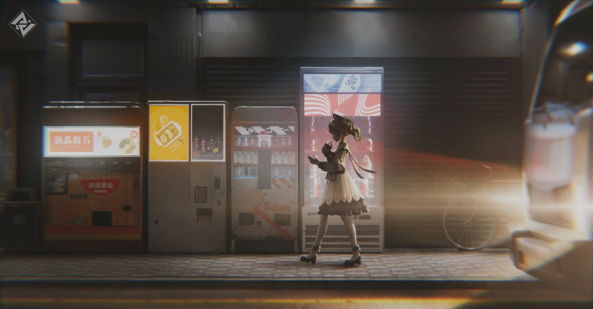 HD PC desktop wallpaper featuring Barbara from the video game Genshin Impact standing on a city street at night with neon signs and a storefront in the background.