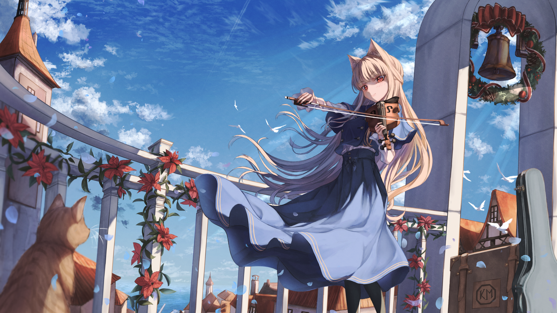 Anime girl with long blonde hair, animal ears, and red eyes plays violin on a balcony adorned with flowers and a bell, under a bright blue sky with clouds and a sitting cat nearby.