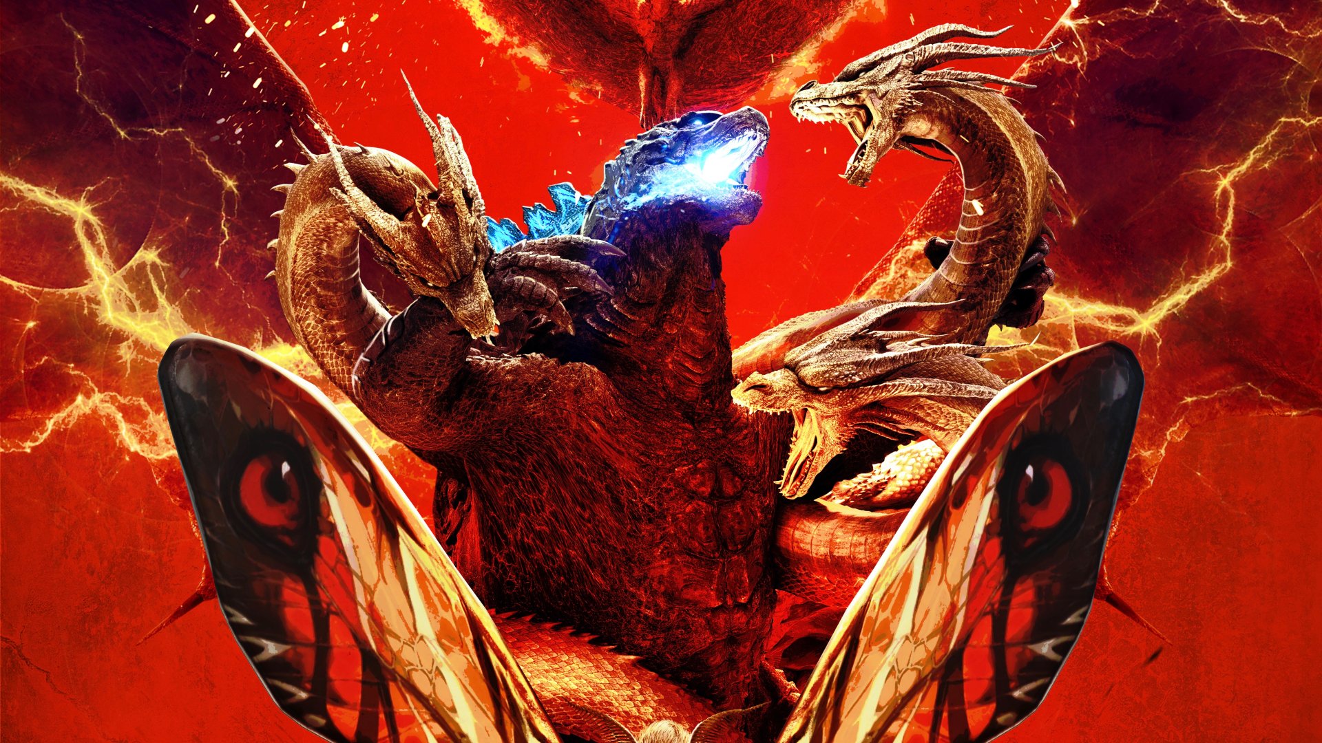 4K Ultra HD PC desktop wallpaper featuring Godzilla and King Ghidorah from the movie Godzilla: King of the Monsters, set against a fiery red background.