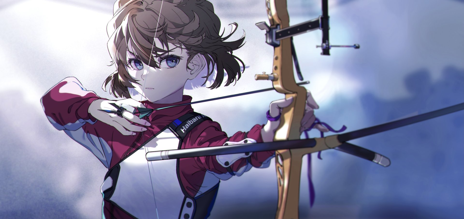 HD anime desktop wallpaper featuring Ai Haibara from Detective Conan, focused and drawing a bow against a blurred sky background.