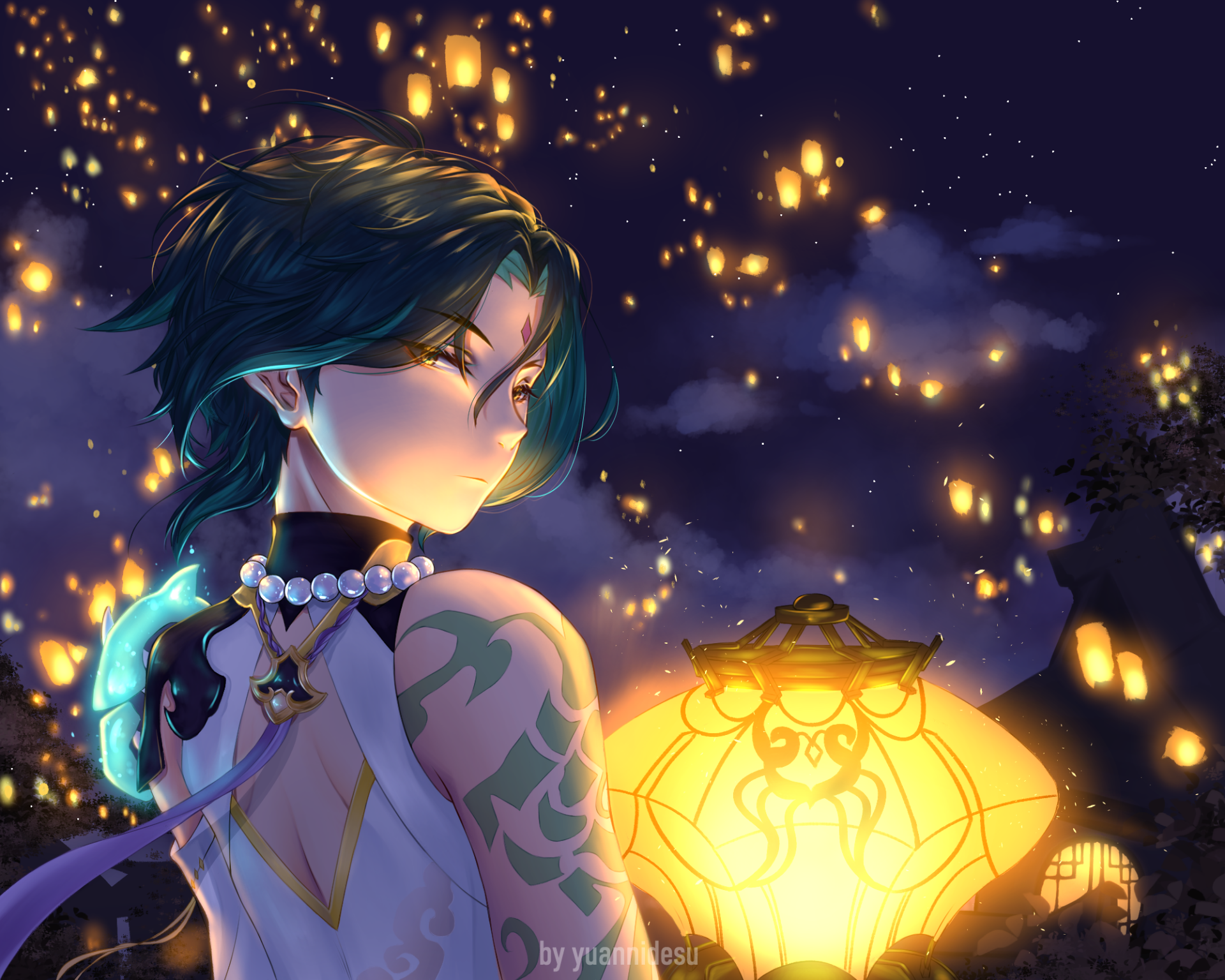 Download Lantern Rite (Genshin Impact) Green Hair Yellow Eyes Xiao (Genshin Impact) Video Game Genshin Impact HD Wallpaper by yuannidesu