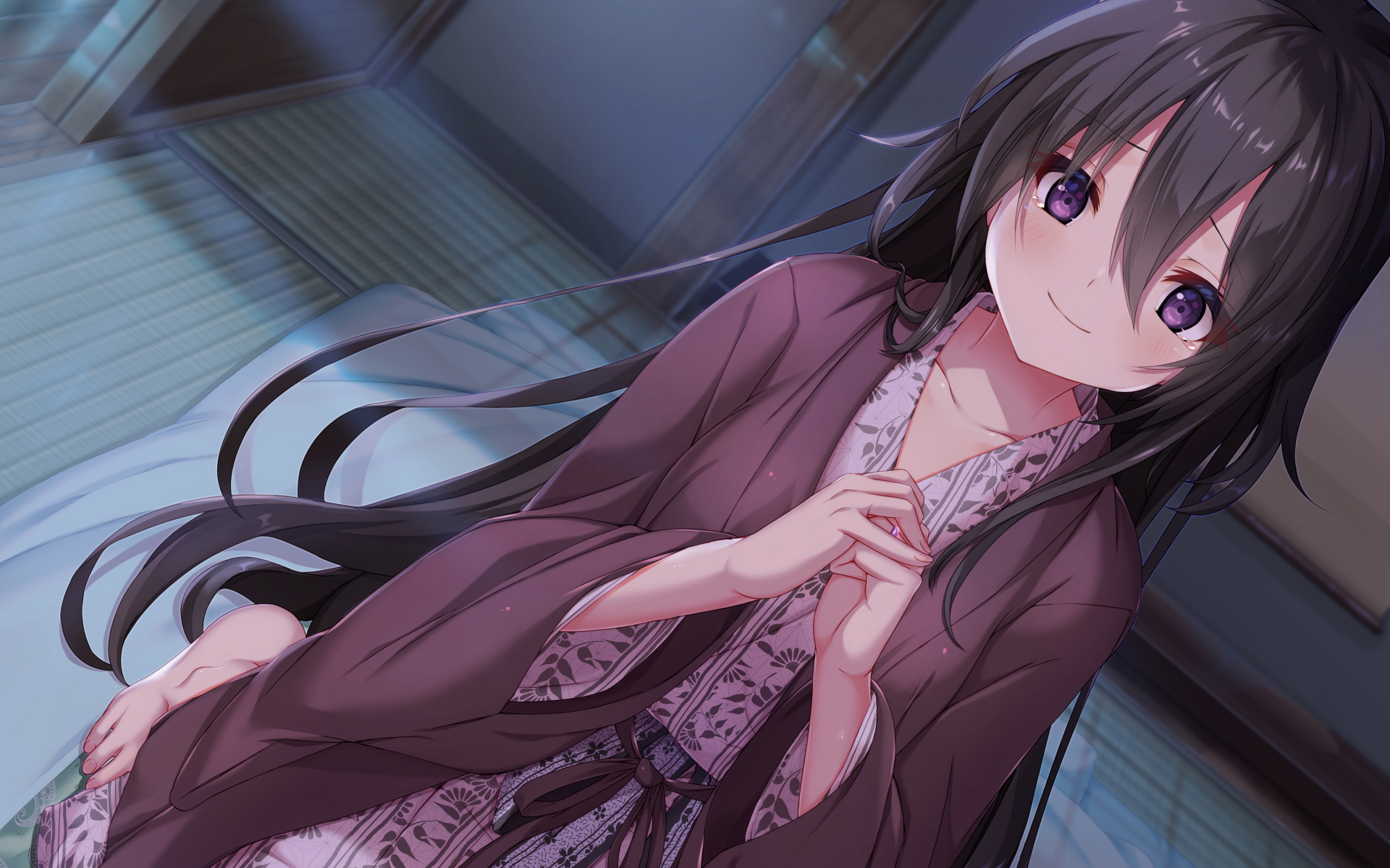 Anime girl with long black hair and purple eyes wearing a patterned yukata, seated in a tatami room — 4K Ultra HD PC desktop wallpaper/background.