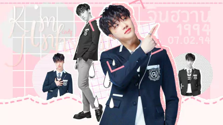HD desktop wallpaper featuring iKON member in various poses with a pink and white background.