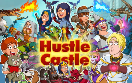 HD desktop wallpaper featuring animated characters from Hustle Castle with vibrant colors and action-packed illustrations.