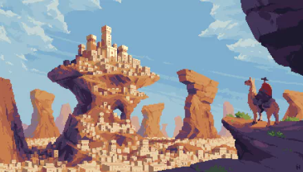 Artistic pixel art HD desktop wallpaper featuring a detailed cityscape built on rocky formations under a bright blue sky, with a lone rider observing from a cliff.