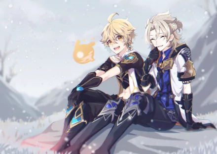 HD desktop wallpaper featuring Albedo and Aether from the video game Genshin Impact, depicted sitting together with a snowy mountain background.