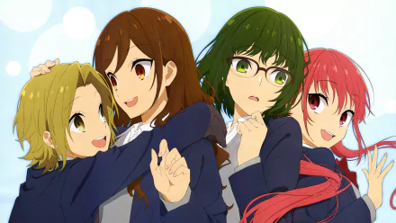 Anime-style 4K wallpaper featuring characters with pink, green, blonde, and brown hair, including Remi Ayasaki, Sakura Kouno, Yoshikawa Yuki, and Hori Kyouko from Hori-san To Miyamura-kun.