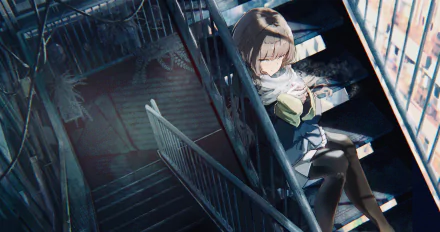 A beautifully detailed HD wallpaper of an anime girl sitting on a dimly lit staircase, gazing down with a serene expression.