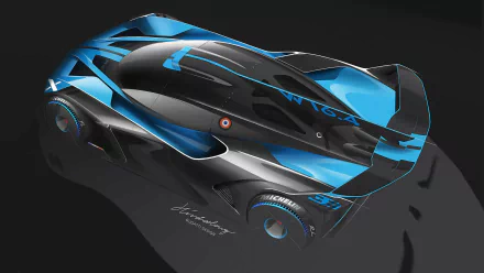 HD desktop wallpaper featuring a sleek Bugatti Bolide in blue and black with dynamic lighting effects.