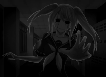 4K Ultra HD PC desktop wallpaper: Fun Girl (Yandere Simulator) in a shadowed school hallway, pale face with black tear-streak eyes and hollow sockets, hand reaching toward the viewer in eerie anime style.