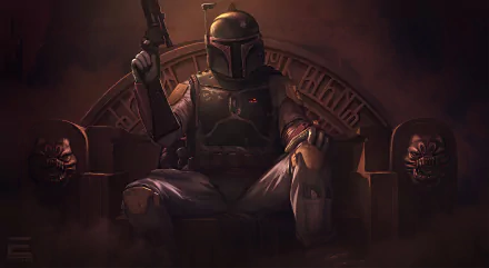 Boba Fett from Star Wars and The Mandalorian TV show sits on a throne, holding a blaster, depicted in a dark, atmospheric HD PC desktop wallpaper.