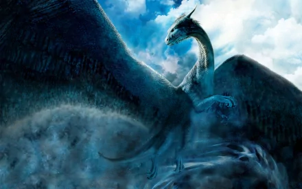 A striking HD wallpaper featuring a majestic dragon from the movie Eragon, set against a dramatic sky and mountainous backdrop, evoking a sense of fantasy and adventure.