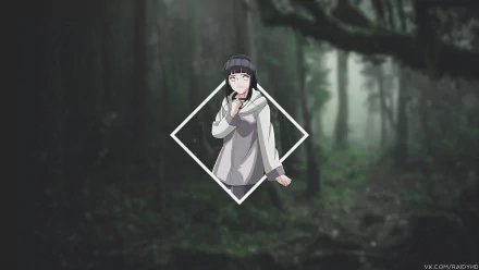 HD PC desktop wallpaper featuring Hinata Hyuga from Naruto in a picture-in-picture style against a dark, misty forest background in anime art.