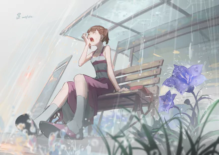 HD anime desktop wallpaper of Maki Shijo from Kaguya-sama: Love is War, crying in the rain with brown hair, sitting on a bench near purple flowers.