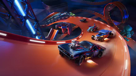 4K Ultra HD Hot Wheels Unleashed video game wallpaper featuring detailed miniature cars racing on an iconic orange track with dynamic lighting and action-packed scene.