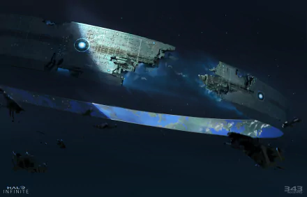 Halo Infinite video game HD PC desktop wallpaper and background: shattered Halo ring segments drift above a blue planet, debris and stars.