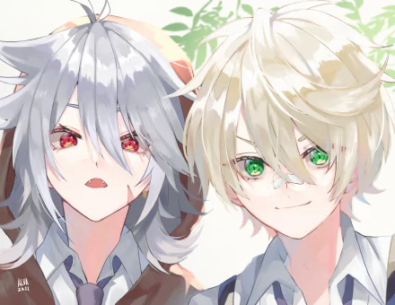 HD PC desktop wallpaper: Razor and Bennett from Genshin Impact in a close-up—Razor's silver hair and red eyes beside Bennett's blond hair and bright green eyes, soft leafy background.